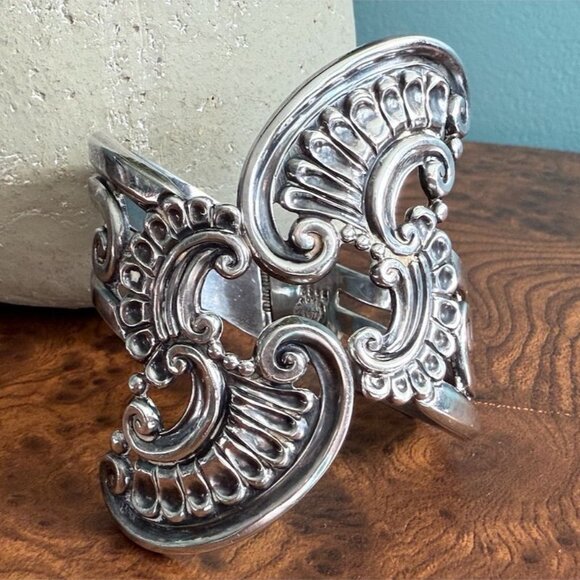 40's Sterling Silver Cuff Los Castillo Margot Taxco Hinged #5632 Art Nouveau Cla - Picture 1 of 12